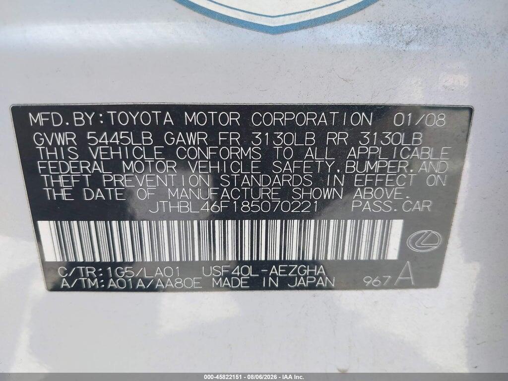 JTHBL46F185070221 2008 LEXUS LS 460 photo no. 9
