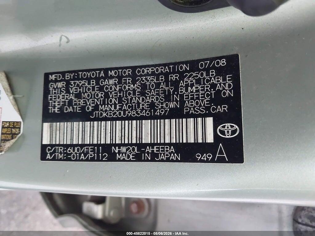 JTDKB20U983461497 2008 TOYOTA PRIUS photo no. 9