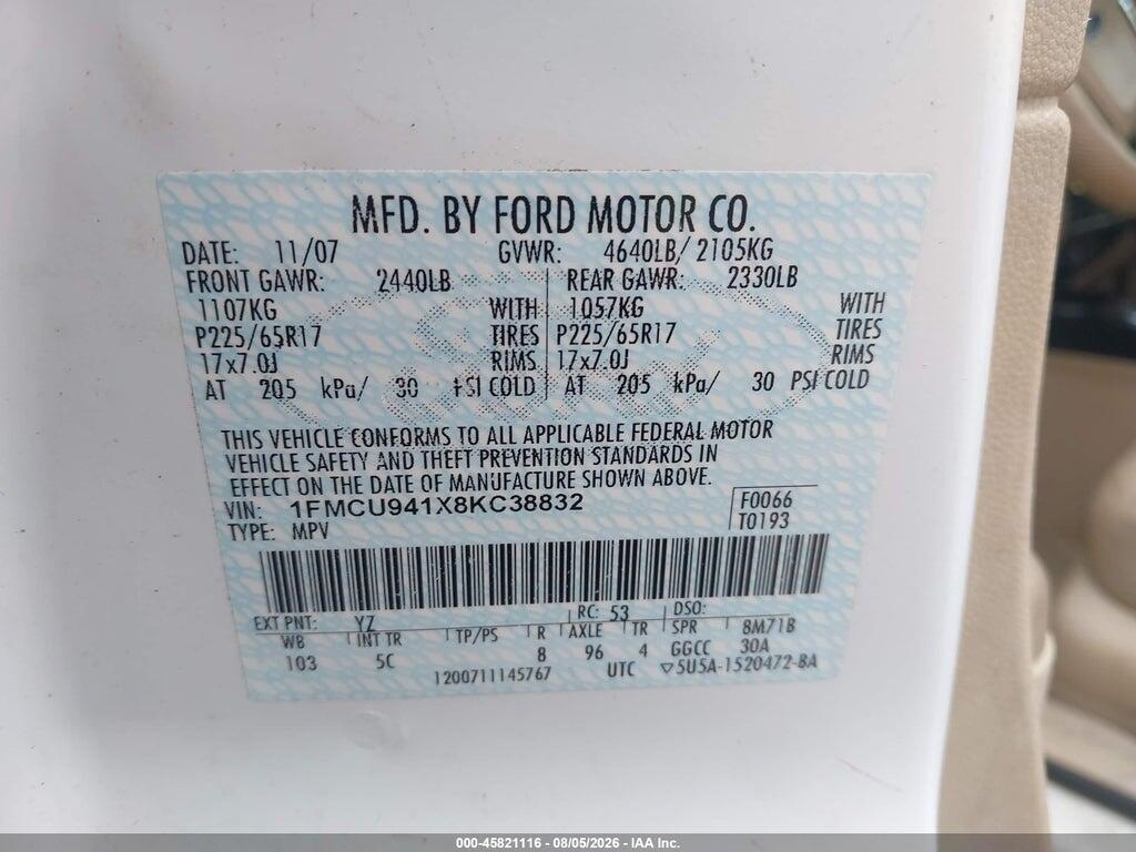 1FMCU941X8KC38832 2008 FORD ESCAPE photo no. 9