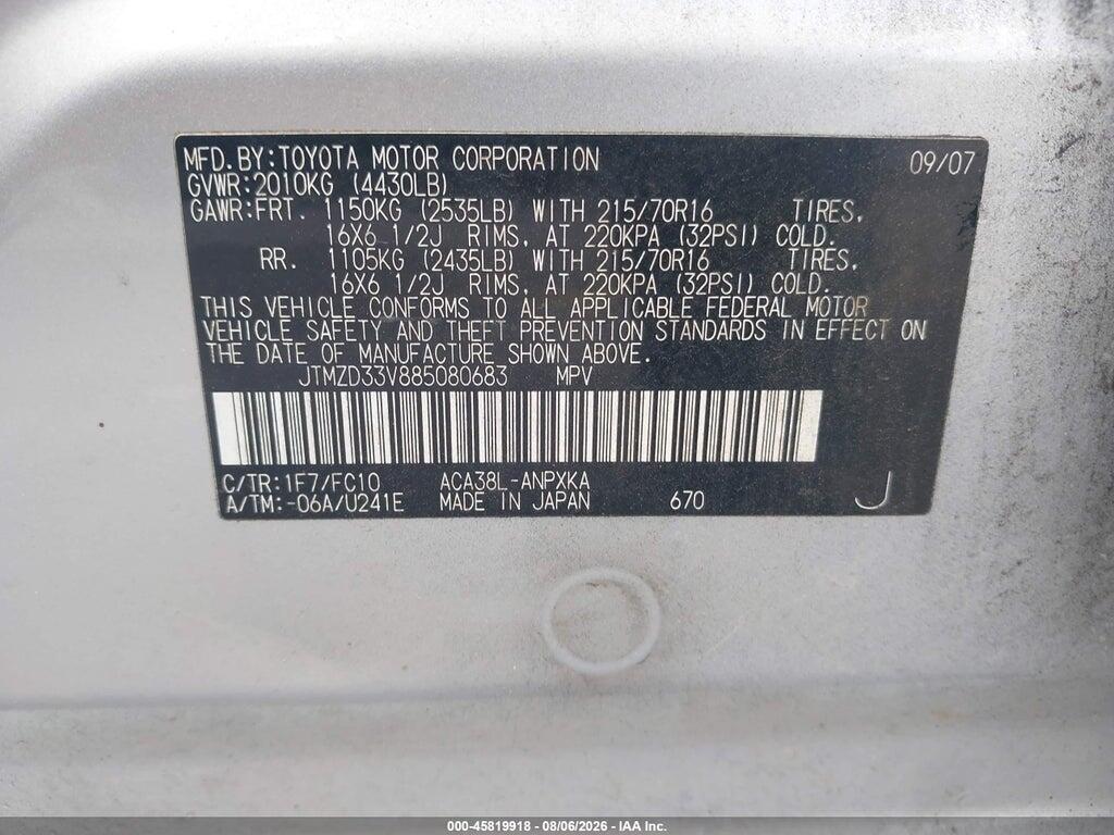 JTMZD33V885080683 2008 TOYOTA RAV4 photo no. 9