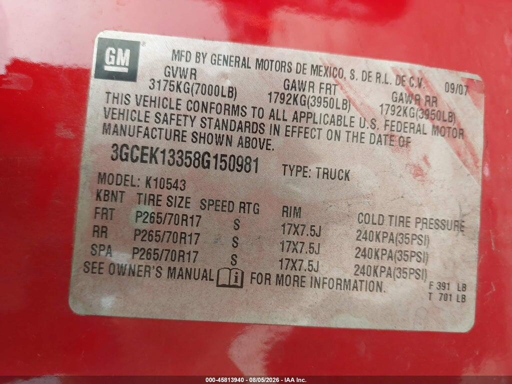 3GCEK13358G150981 2008 CHEVROLET SILVERADO 1500 photo no. 9