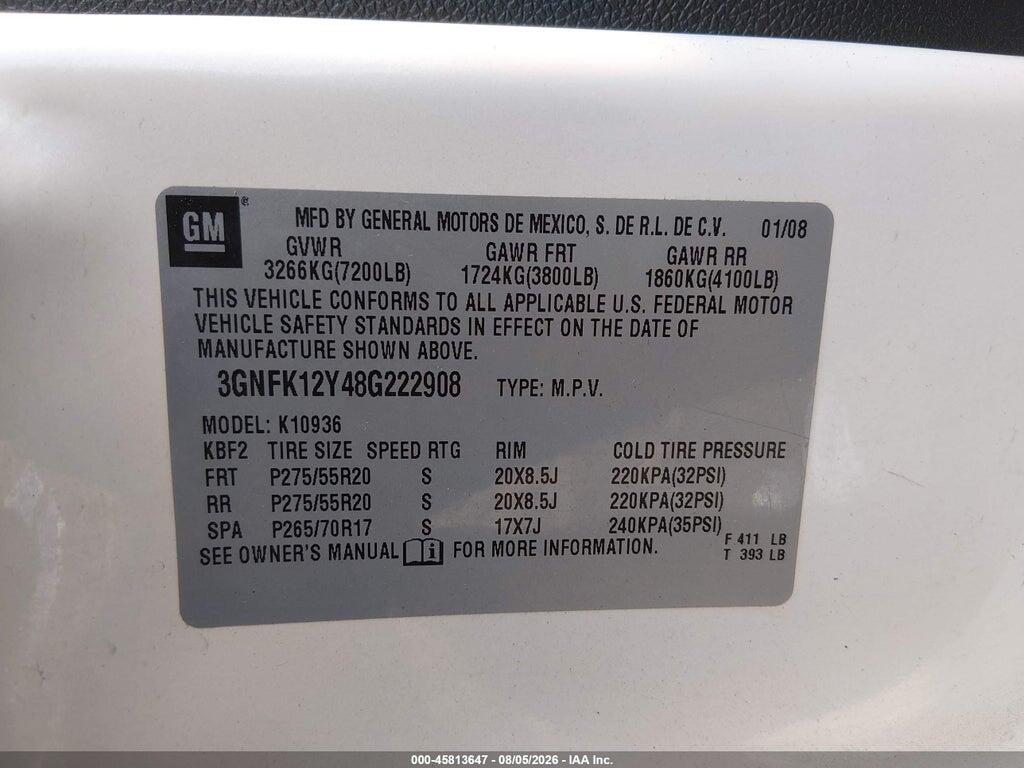 3GNFK12Y48G222908 2008 CHEVROLET AVALANCHE 1500 photo no. 9
