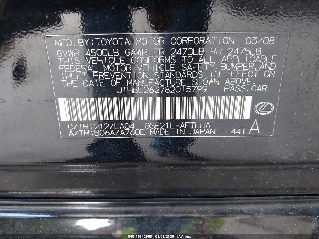 JTHBE262782015799 2008 LEXUS IS 350 photo no. 9