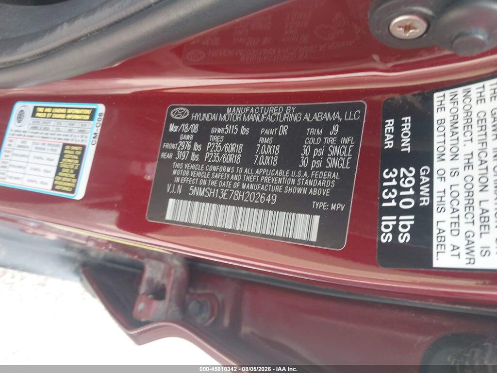 5NMSH13E78H202649 2008 HYUNDAI SANTA FE photo no. 9