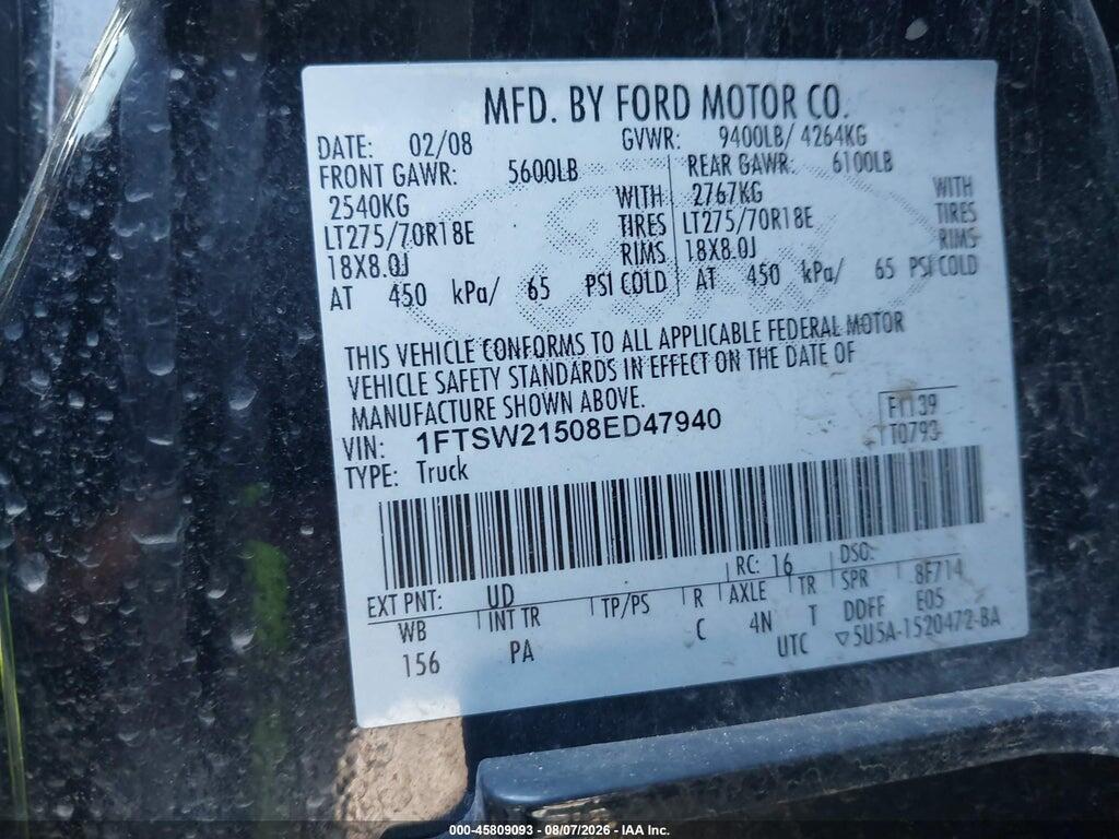 1FTSW21508ED47940 2008 FORD SUPER DUTY F-250 SRW photo no. 9