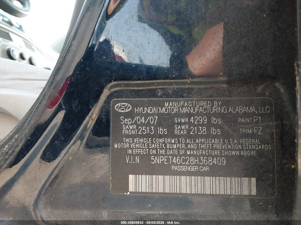 5NPET46C28H368409 2008 HYUNDAI SONATA photo no. 9