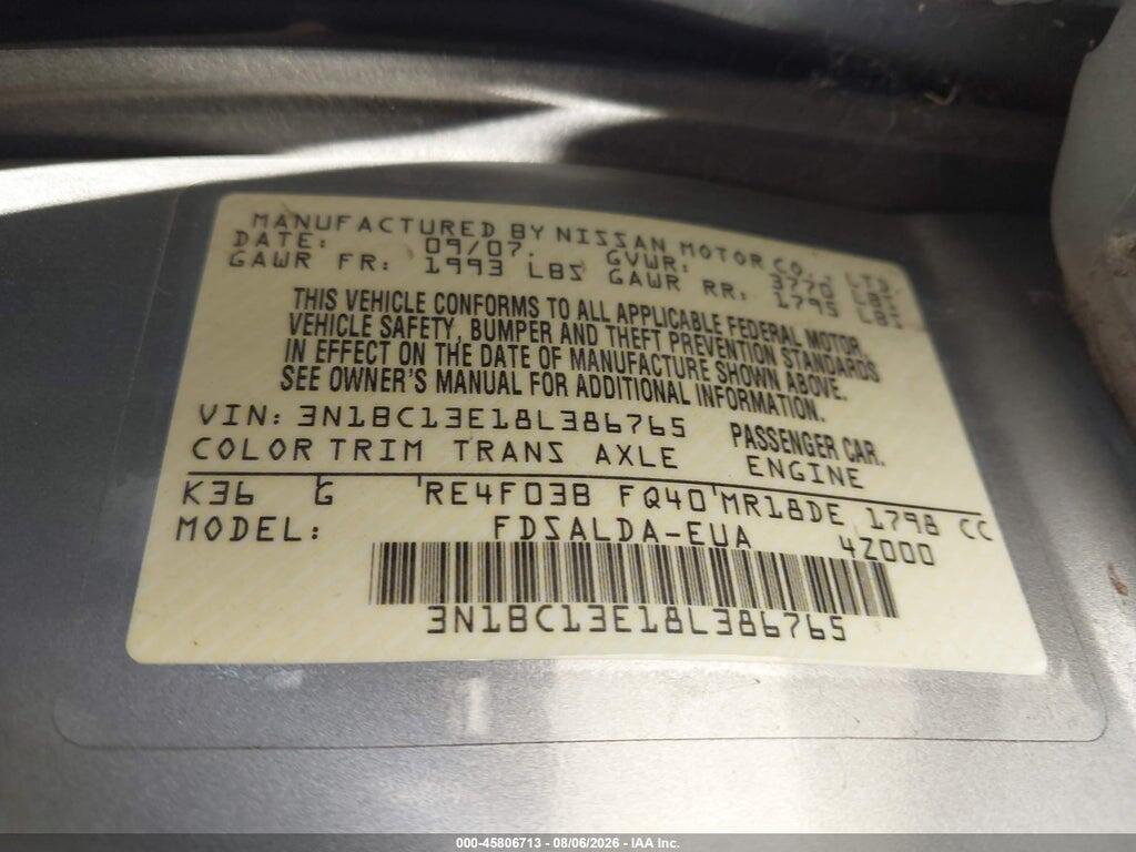 3N1BC13E18L386765 2008 NISSAN VERSA photo no. 9