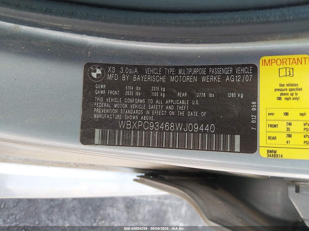 WBXPC93468WJ09440 2008 BMW X3 photo no. 9