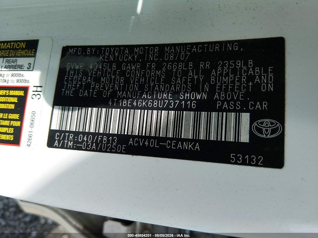4T1BE46K68U737116 2008 TOYOTA CAMRY photo no. 9