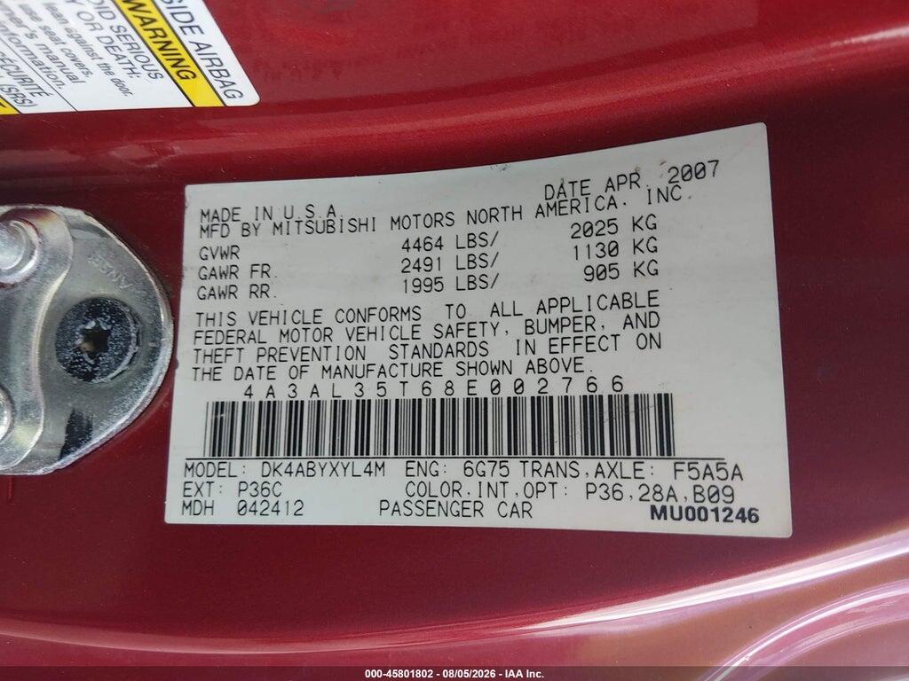 4A3AL35T68E002766 2008 MITSUBISHI ECLIPSE SPYDER photo no. 9