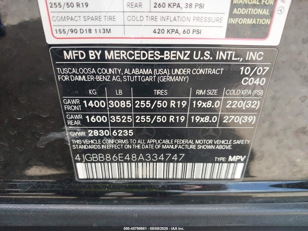 4JGBB86E48A334747 2008 MERCEDES-BENZ ML 350 photo no. 9
