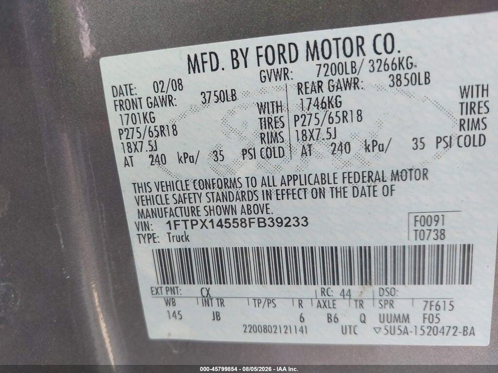 1FTPX14558FB39233 2008 FORD F150 photo no. 9