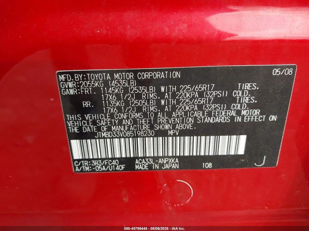 JTMBD33V085198230 2008 TOYOTA RAV4 photo no. 9
