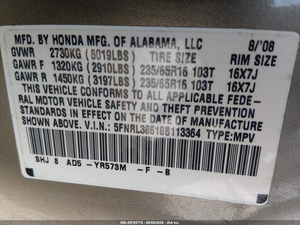 5FNRL38618B113364 2008 HONDA ODYSSEY photo no. 9