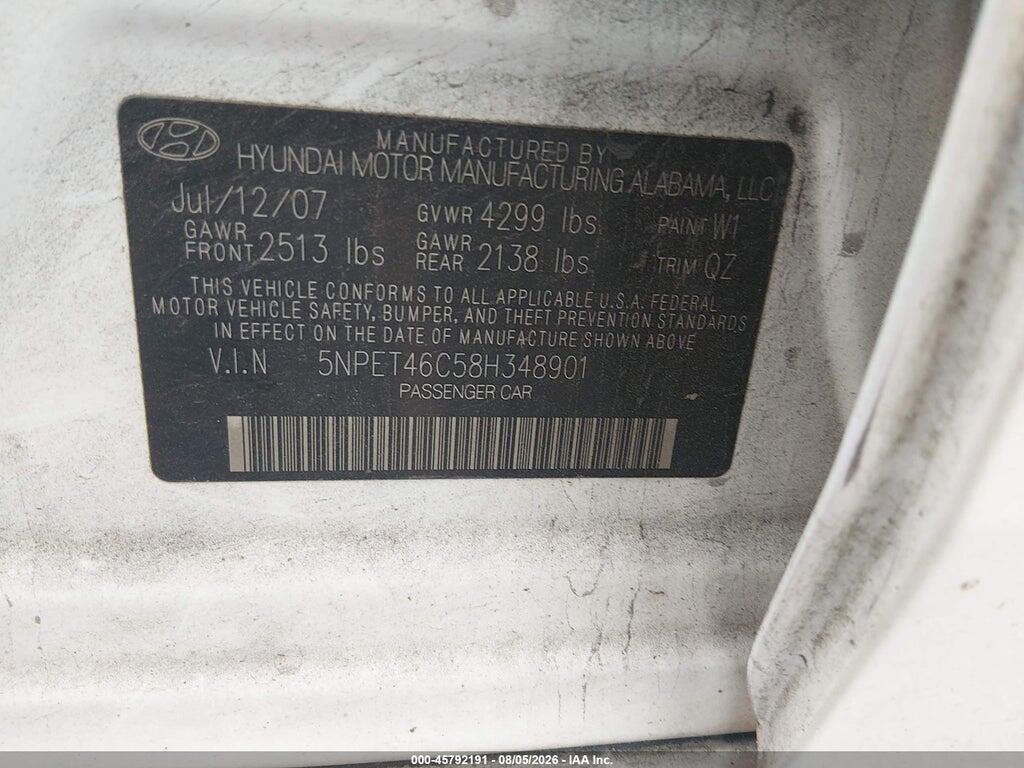 5NPET46C58H348901 2008 HYUNDAI SONATA photo no. 9