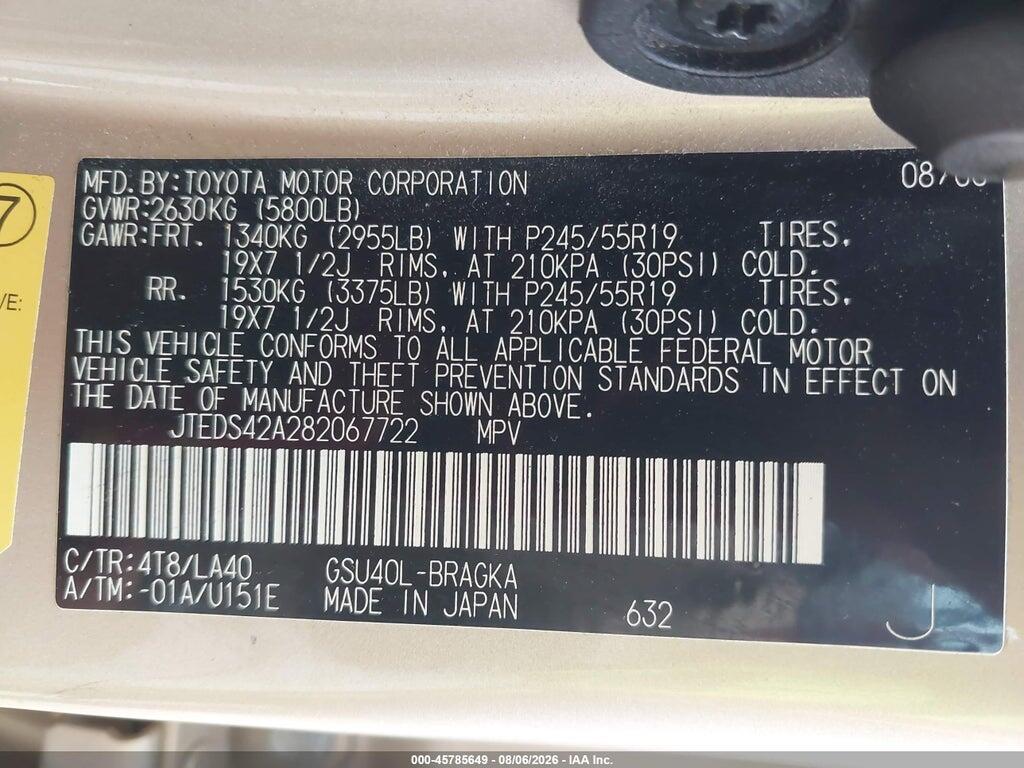 JTEDS42A282067722 2008 TOYOTA HIGHLANDER photo no. 9