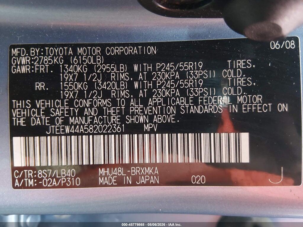 JTEEW44A582022361 2008 TOYOTA HIGHLANDER HYBRID photo no. 9