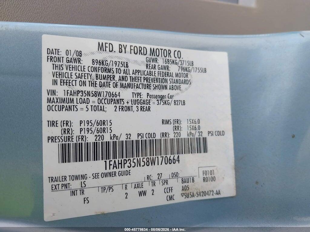 1FAHP35N58W170664 2008 FORD FOCUS photo no. 9