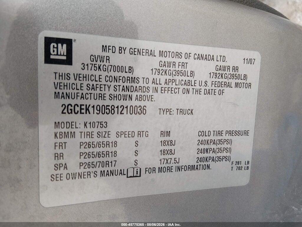 2GCEK190581210036 2008 CHEVROLET SILVERADO 1500 photo no. 9