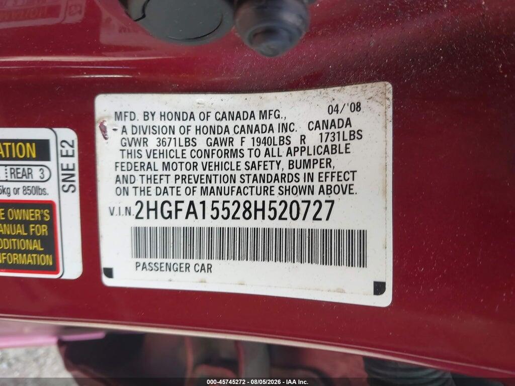 2HGFA15528H520727 2008 HONDA CIVIC photo no. 9