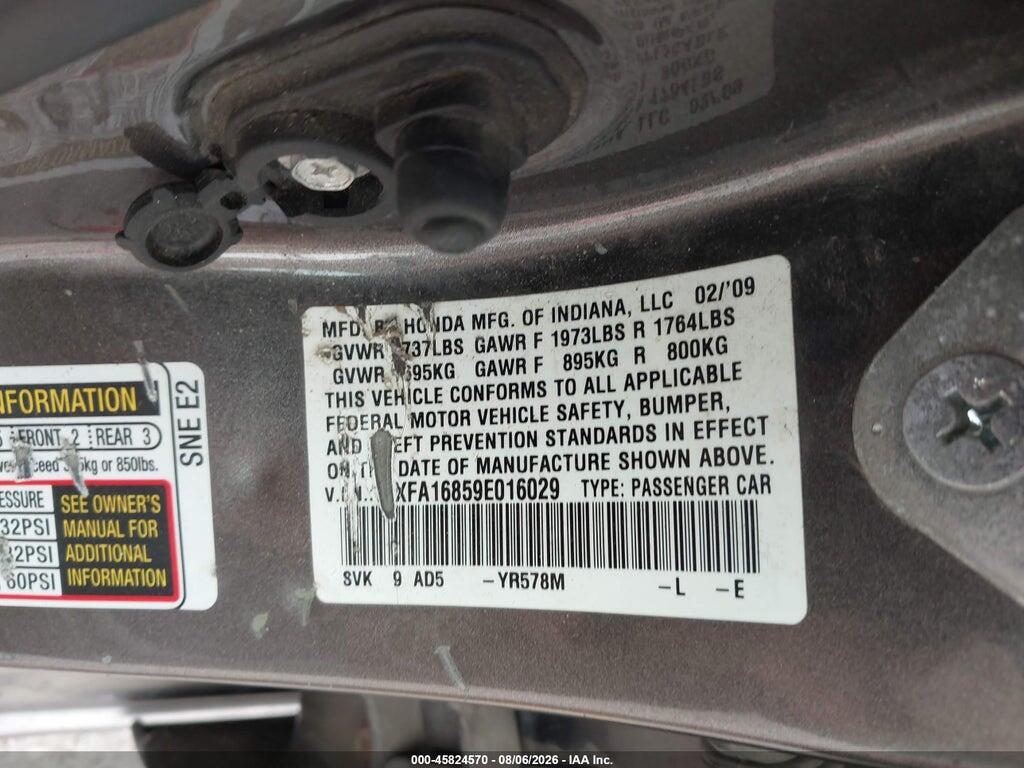 19XFA16859E016029 2009 HONDA CIVIC photo no. 9