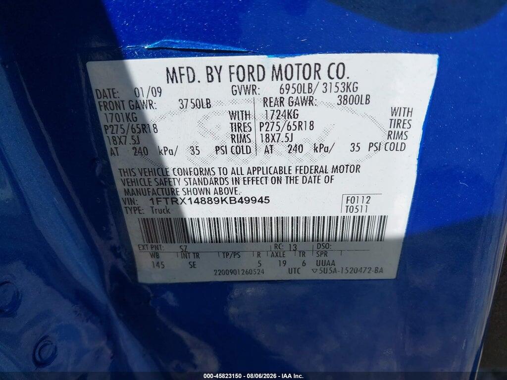 1FTRX14889KB49945 2009 FORD F-150 photo no. 9