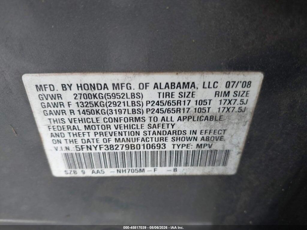 5FNYF38279B010693 2009 HONDA PILOT photo no. 9