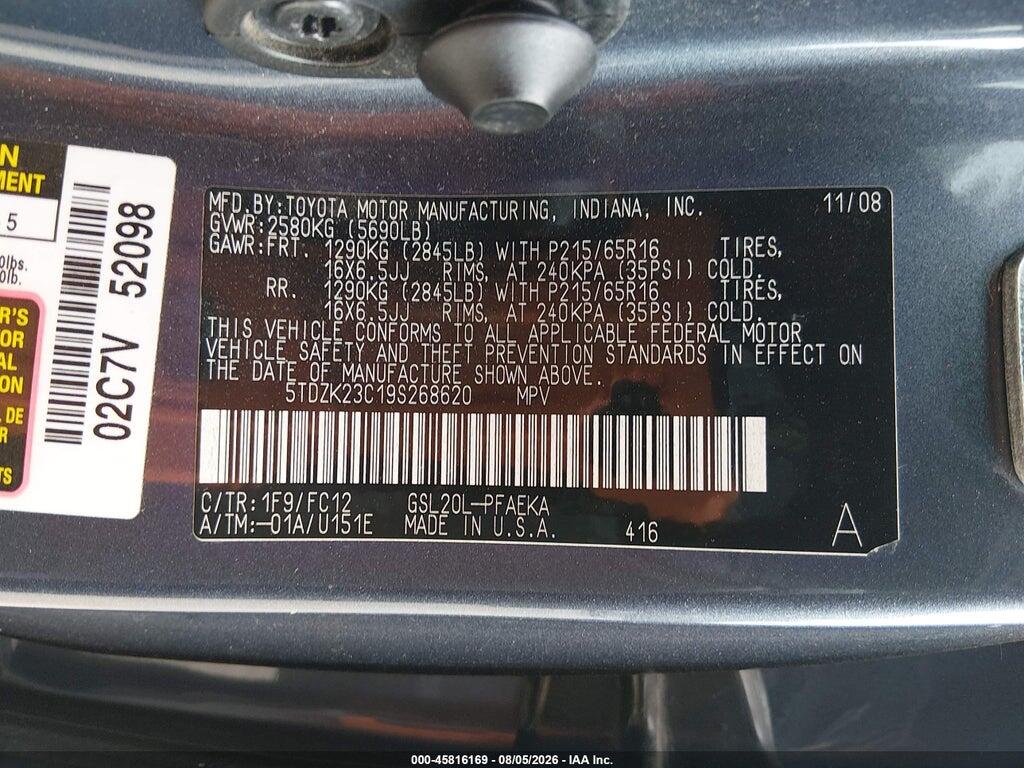 5TDZK23C19S268620 2009 TOYOTA SIENNA photo no. 9