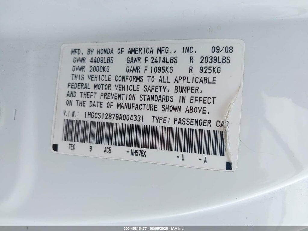 1HGCS12879A004331 2009 HONDA ACCORD photo no. 9