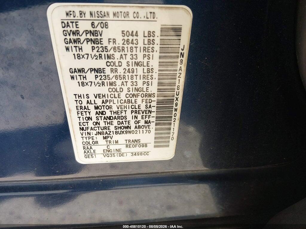 JN8AZ18UX9W021170 2009 NISSAN MURANO photo no. 9