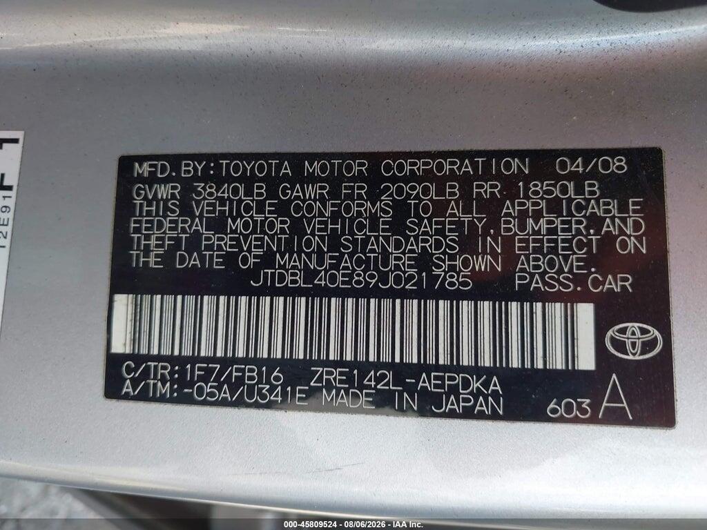 JTDBL40E89J021785 2009 TOYOTA COROLLA photo no. 9
