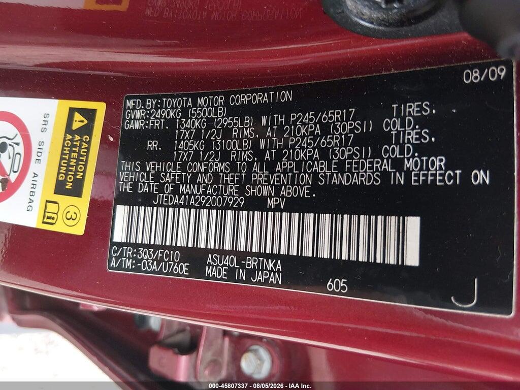 JTEDA41A292007929 2009 TOYOTA HIGHLANDER photo no. 9