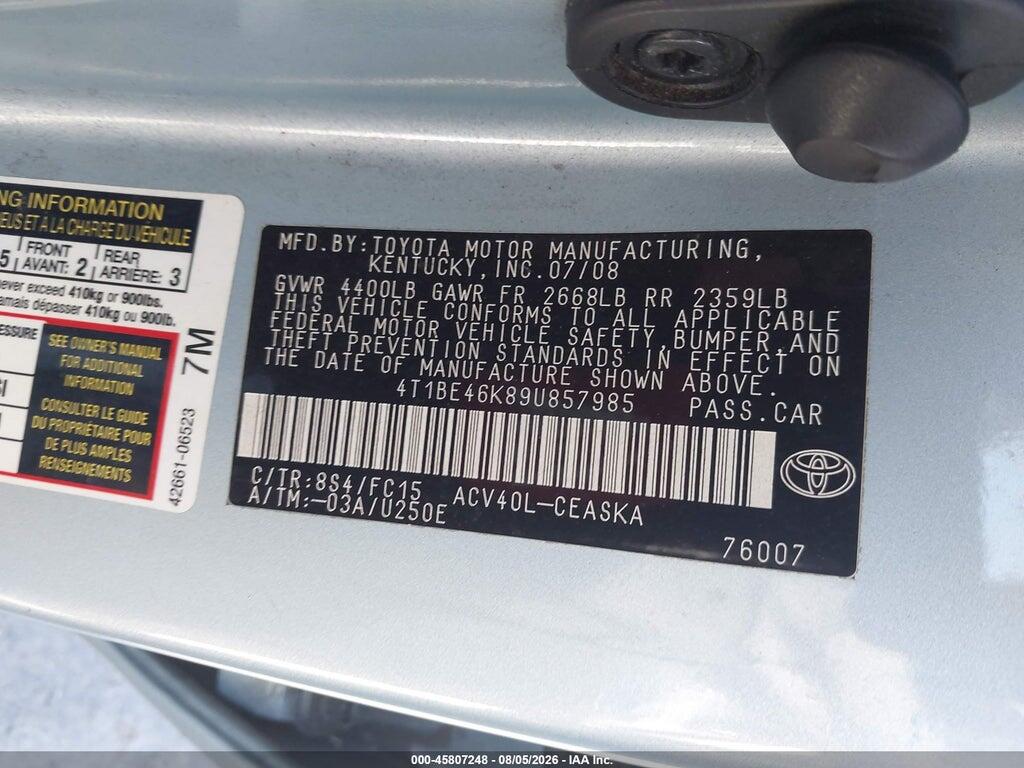 4T1BE46K89U857985 2009 TOYOTA CAMRY photo no. 9