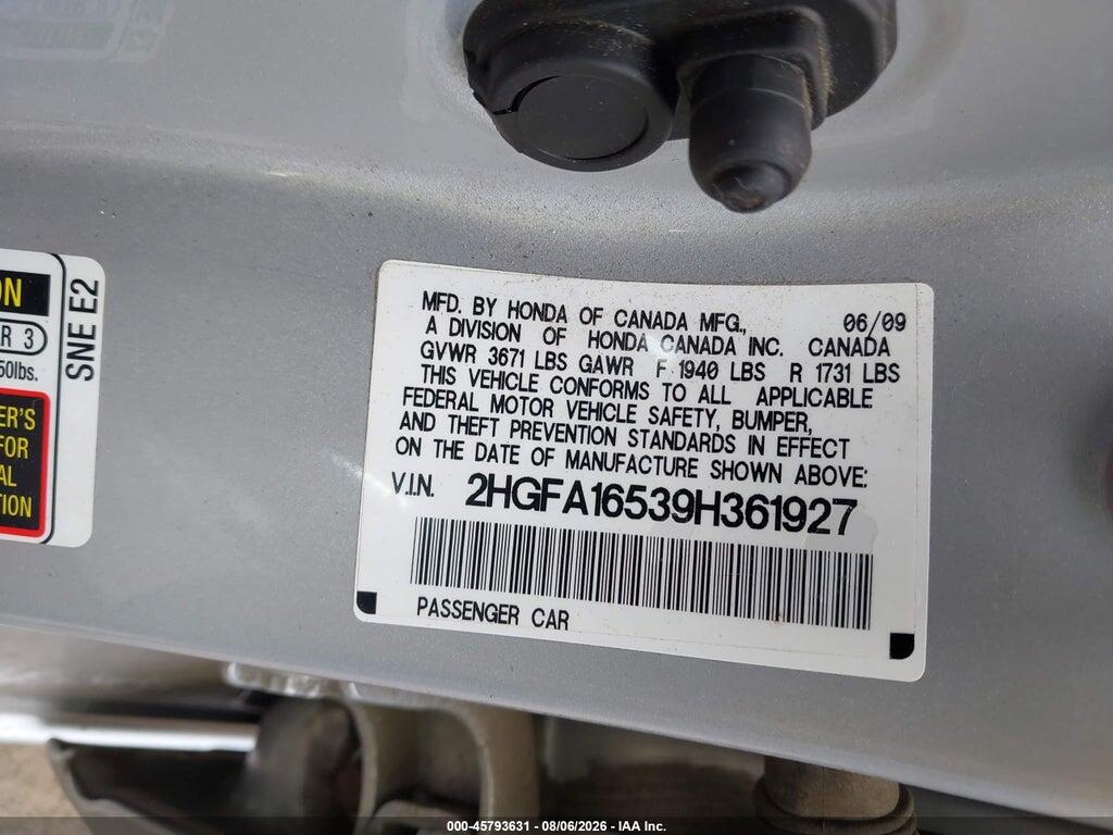 2HGFA16539H361927 2009 HONDA CIVIC photo no. 9
