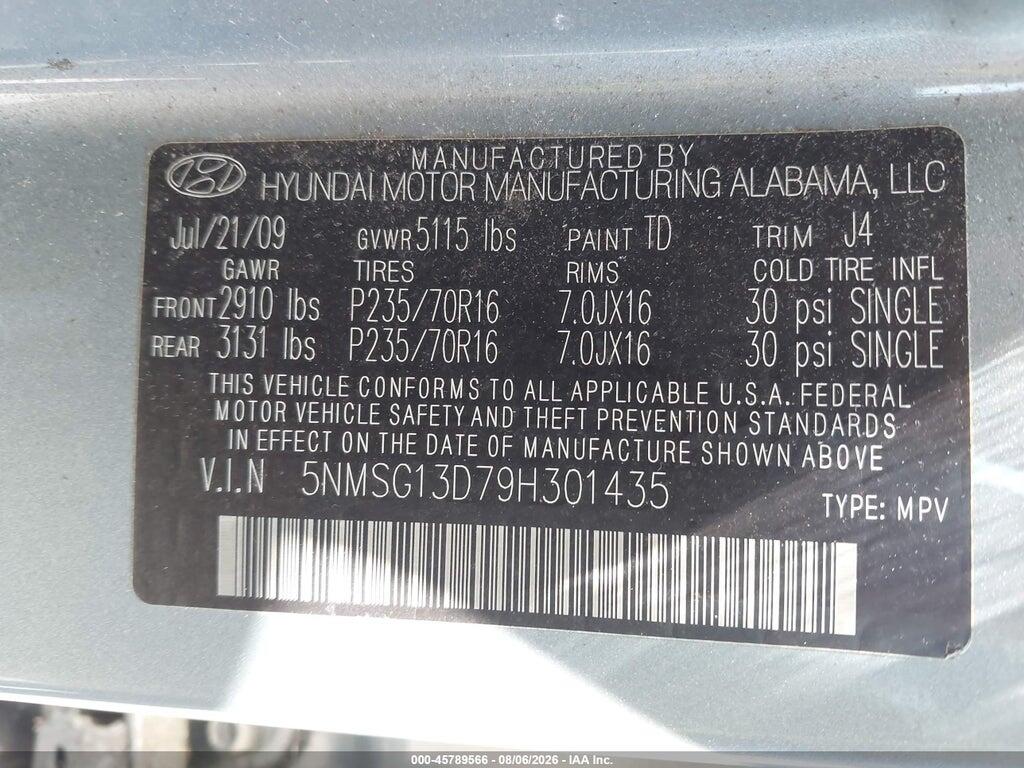 5NMSG13D79H301435 2009 HYUNDAI SANTA FE photo no. 9