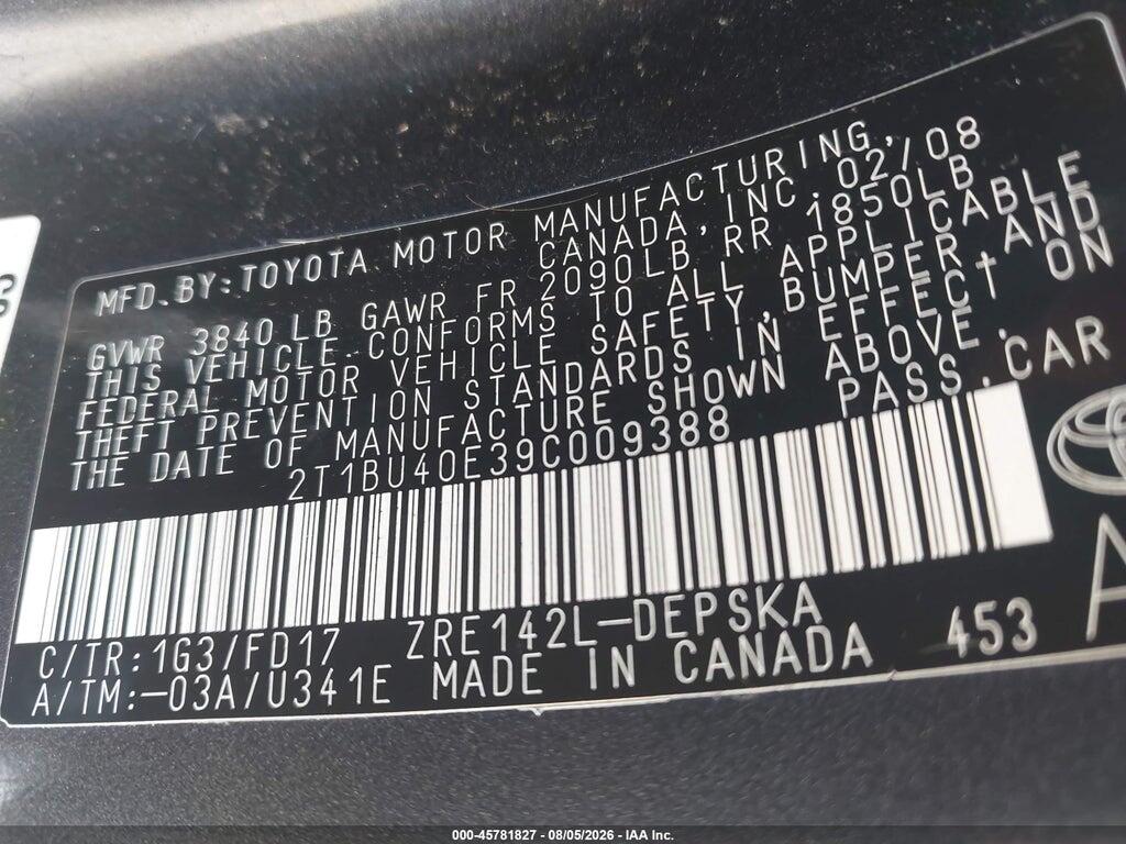 2T1BU40E39C009388 2009 TOYOTA COROLLA photo no. 9