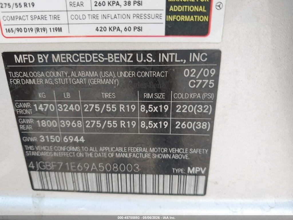 4JGBF71E69A508003 2009 MERCEDES-BENZ GL 450 photo no. 9