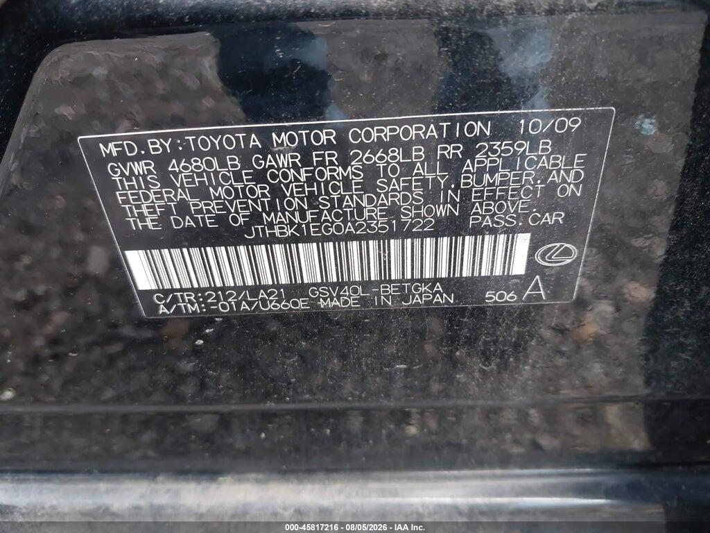 JTHBK1EG0A2351722 2010 LEXUS ES 350 photo no. 9