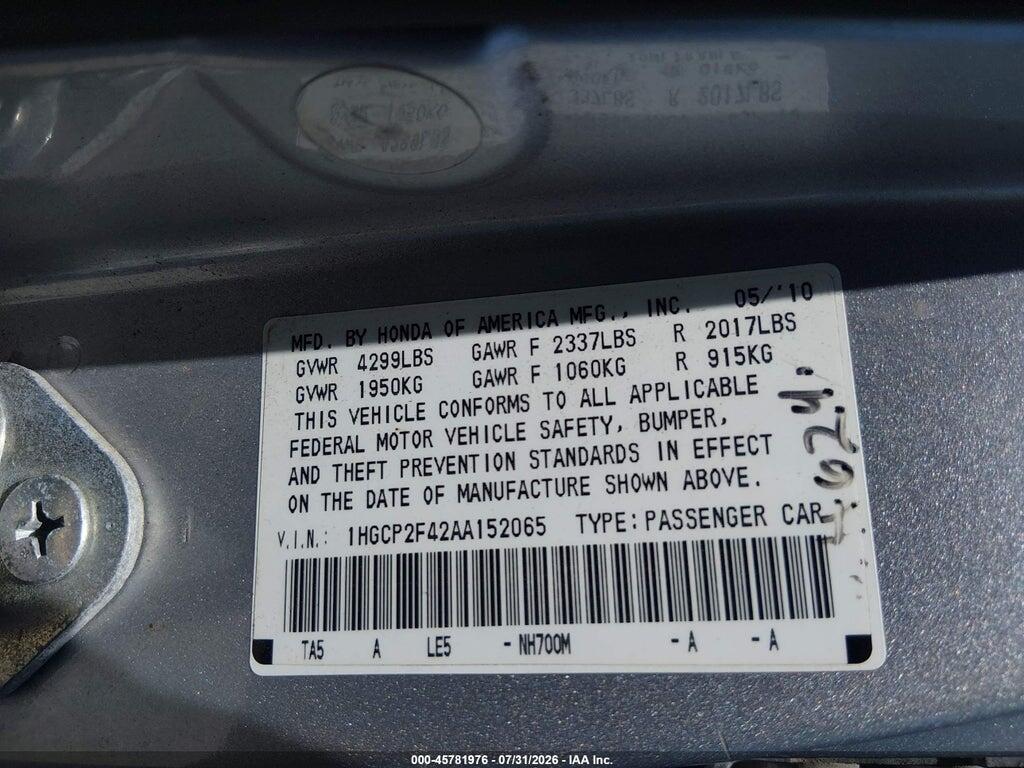 1HGCP2F42AA152065 2010 HONDA ACCORD photo no. 9