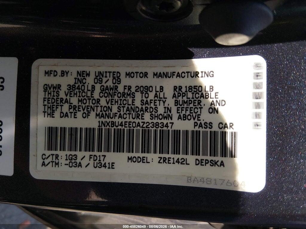 1NXBU4EE0AZ238347 2010 TOYOTA COROLLA photo no. 9