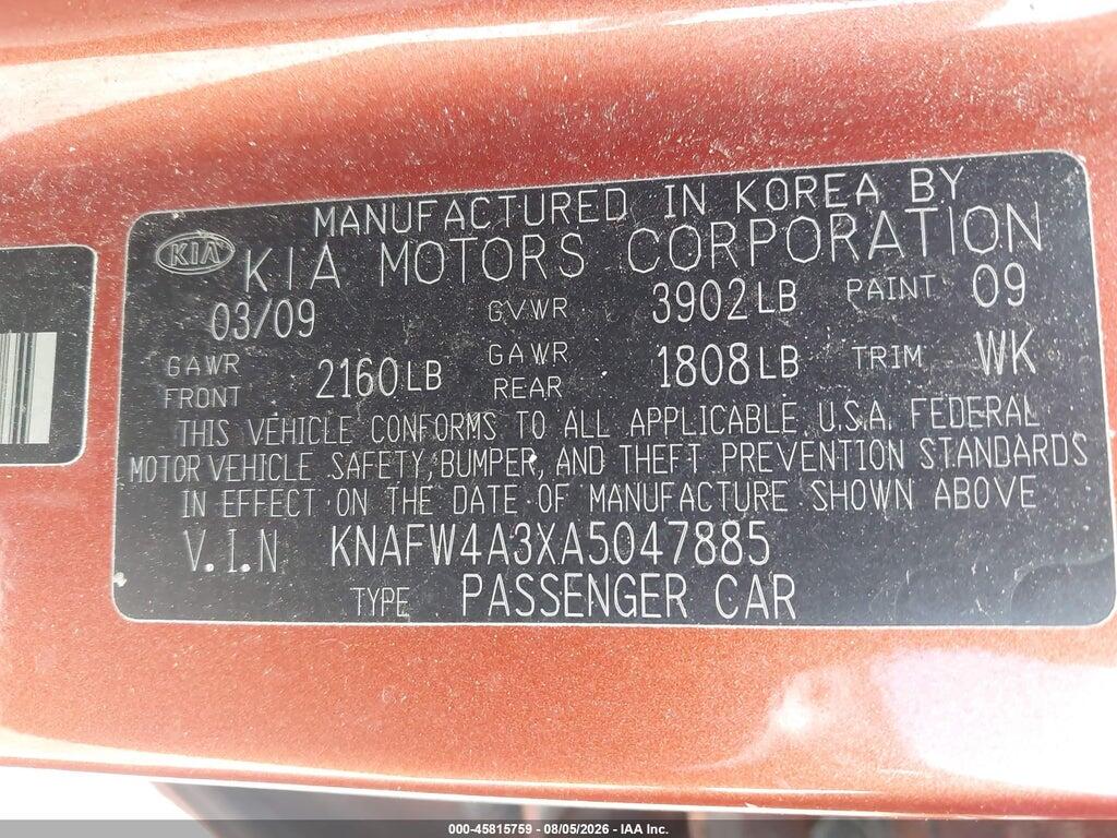 KNAFW4A3XA5047885 2010 KIA FORTE photo no. 9