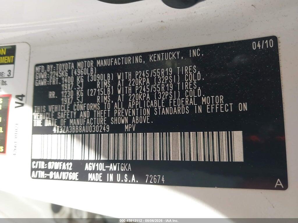 4T3ZA3BB8AU030249 2010 TOYOTA VENZA photo no. 9