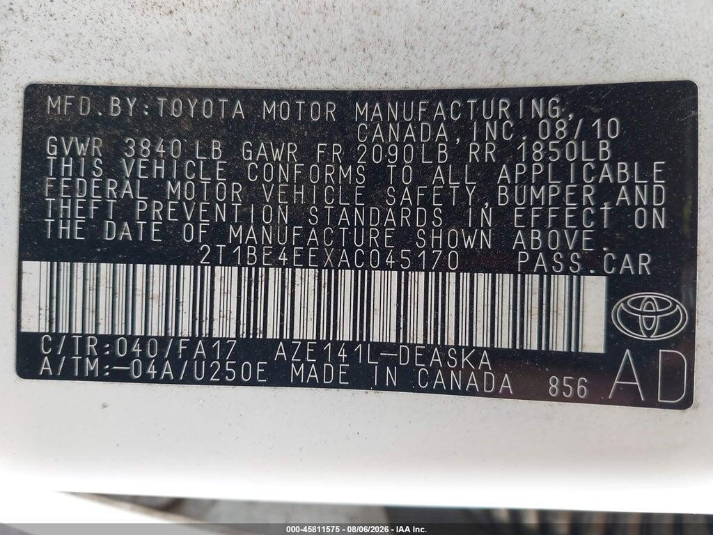 2T1BE4EEXAC045170 2010 TOYOTA COROLLA photo no. 9