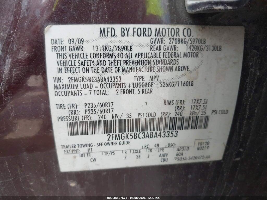 2FMGK5BC3ABA43353 2010 FORD FLEX photo no. 9
