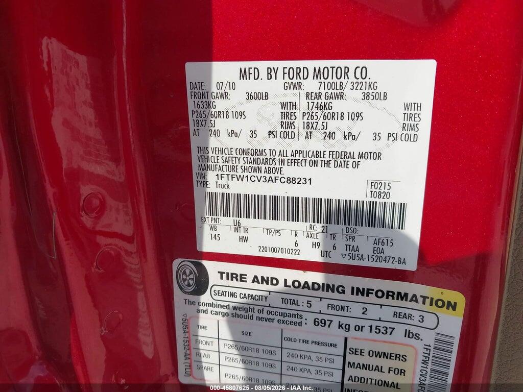 1FTFW1CV3AFC88231 2010 FORD F-150 photo no. 9