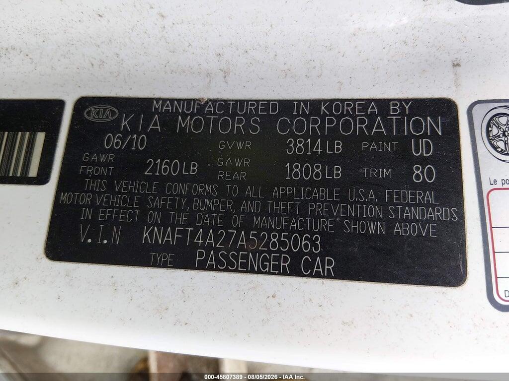 KNAFT4A27A5285063 2010 KIA FORTE photo no. 9