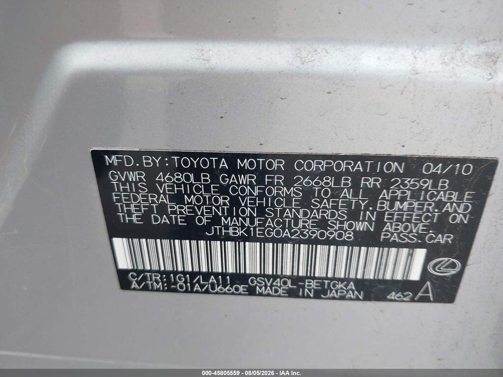JTHBK1EG0A2390908 2010 LEXUS ES 350 photo no. 9