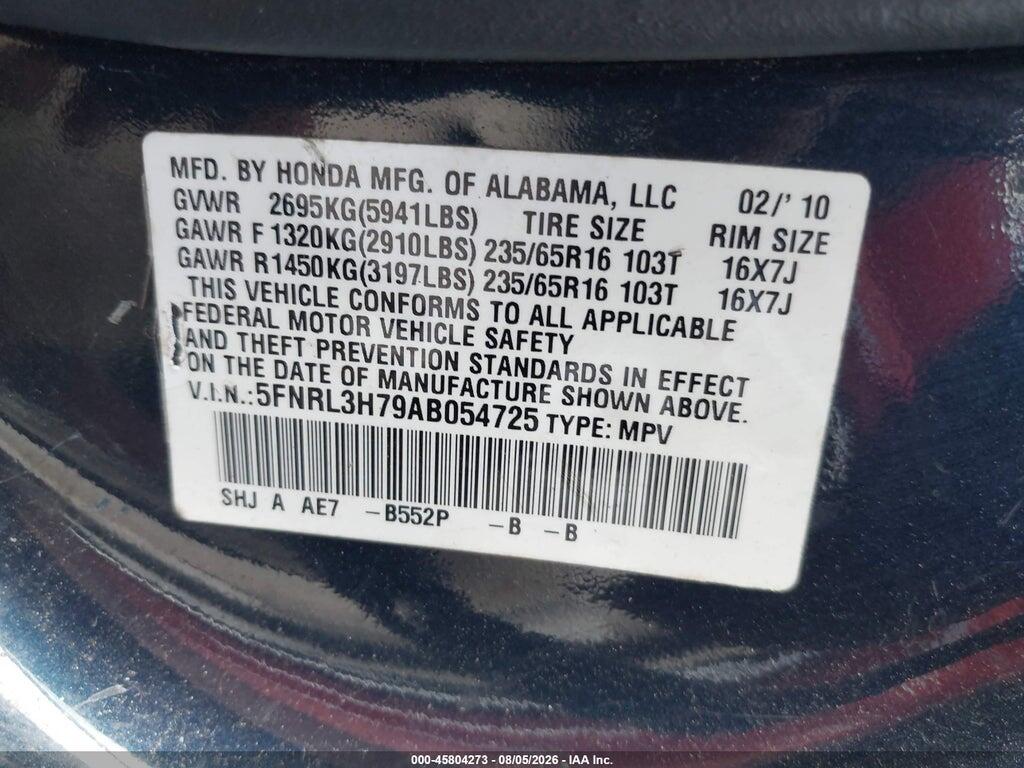 5FNRL3H79AB054725 2010 HONDA ODYSSEY photo no. 9