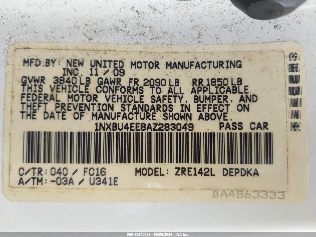1NXBU4EE8AZ283049 2010 TOYOTA COROLLA photo no. 9