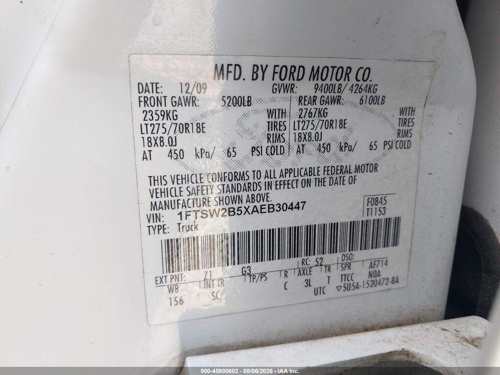 1FTSW2B5XAEB30447 2010 FORD SUPER DUTY F-250 SRW photo no. 9